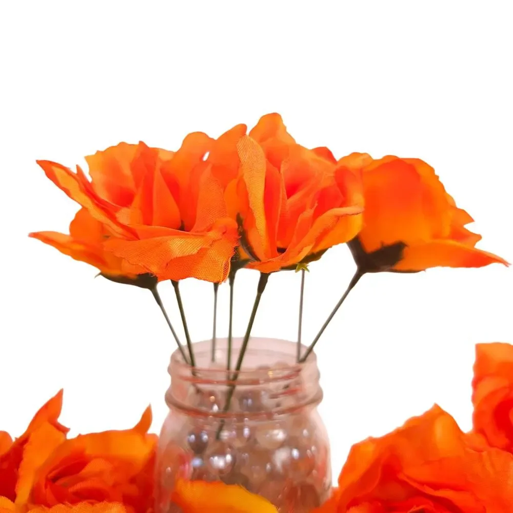 Orange Silk Artificial Rose Flowers Wired Stems Wedding Craft 2.5